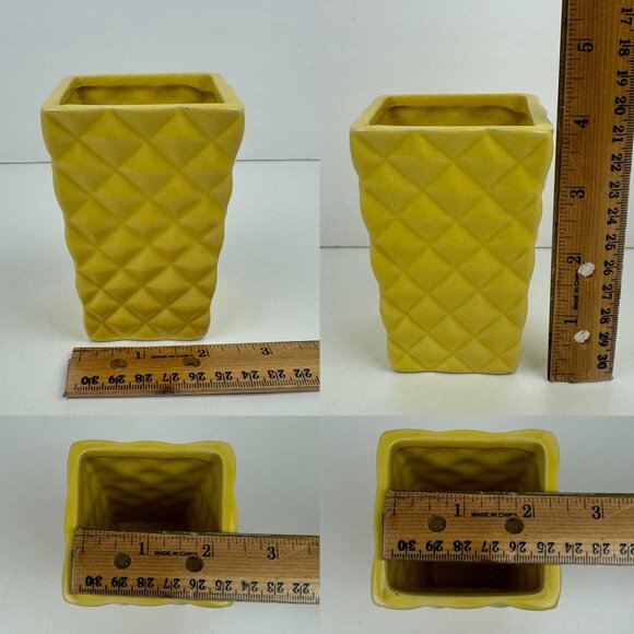 Small Vtg Yellow Rectangle Square Ceramic Planter Pot Diamond Shape Textured‎ - Picture 3 of 10